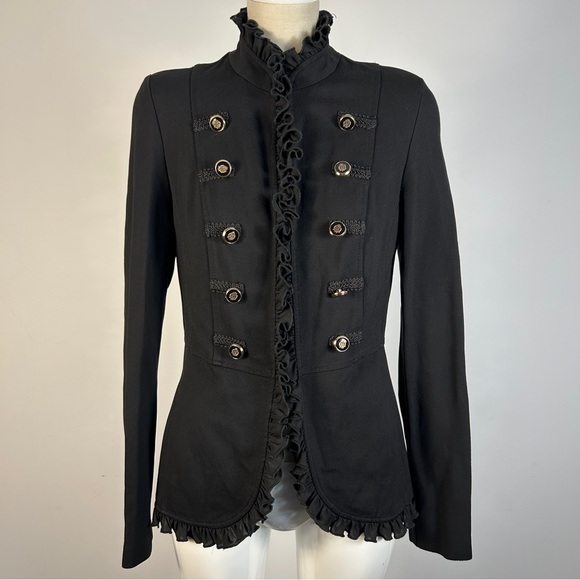 Joseph Ribkoff Black Ruffle Military-Style Blazer - Picture 1 of 8